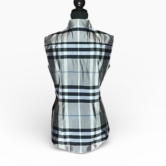 BURBERRY TRADITIONAL PLAID GREY BLACK WHITE PATTERN SLEEVELESS BUTTON DOWN (6) - Picture 5 of 6